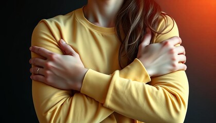 Arms wrapped around torso, self-comforting embrace,  close up,  strength