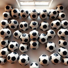 Arranged soccer balls creating sharp hexagonal grid, graphic art style,  composition,  graphic design