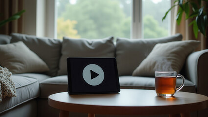 Tablet with play button icon on screen and cup of tea on wooden table in cozy living room interior