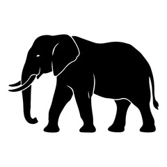 Fototapeta premium A large gray elephant silhouette and vector illustration of a wild pachyderm with a long trunk and tusks walking in profile isolated on a white background for safari or nature wildlife themes