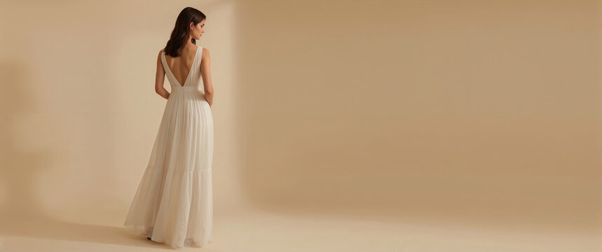 Woman in an elegant white dress with open back standing against a beige background, with copy-space
