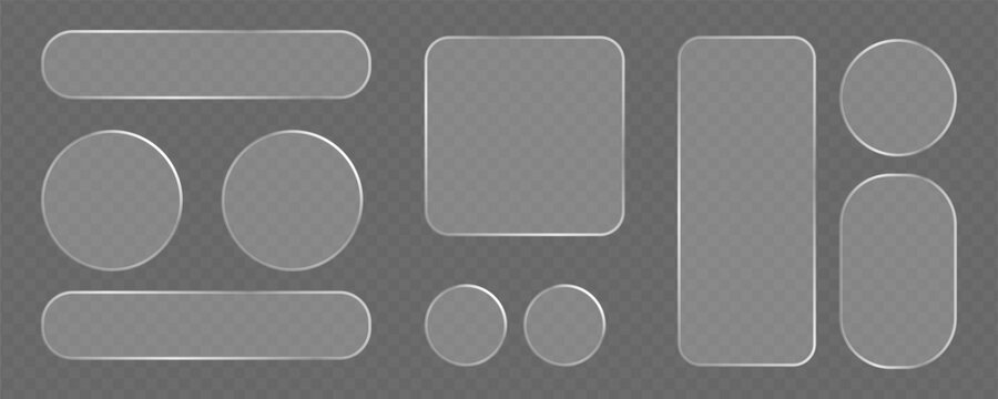 Minimal frosted glass UI shapes with rounded rectangles and circles, transparent glass interface elements for modern mobile and web app design, soft blur liquid glass buttons futuristic HUD style
