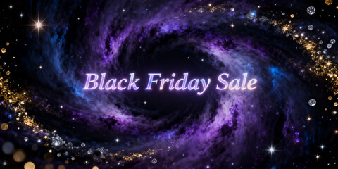 Cosmic-themed Black Friday Sale banner with glowing text "Black Friday Sale" surrounded by stars and glittering particles