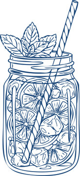 Hand drawn blue monochrome outline sketch fresh summer lemonade drink in mason jar with mint