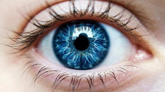 A detailed view of a blue human eye with visible iris and eyelashes in a close-up photograph.