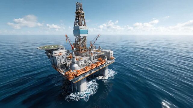 Offshore Oil Rig: A towering offshore oil rig stands tall amidst the vast ocean, a testament to industry and innovation, set against a backdrop of a clear, bright sky.