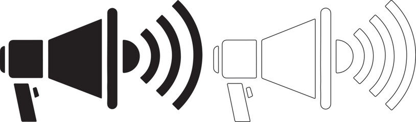 Black and white icons of megaphones with sound waves