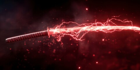 a glowing katana with red lightning, glowing particles around the blade, fantasy background