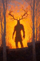 a humanoid creature with antlers made of fire, standing in the middle of an endless forest at sunset. oil painting