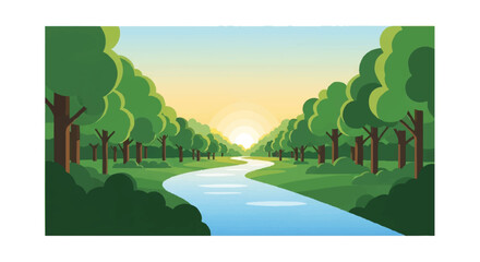 Serene river valley illustration with a winding waterway through lush green trees and foliage at sunrise or sunset.