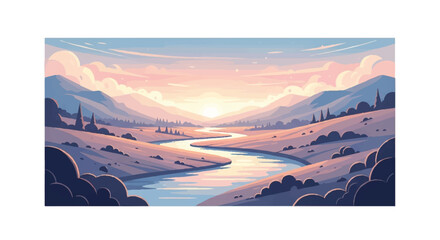 A serene river valley illustration with a winding river, surrounded by mountains and trees, set against a vibrant sunset sky with warm, pastel colors.