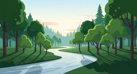 Serene river valley illustration with lush green trees and a winding waterway in a peaceful natural landscape.