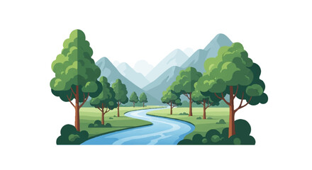 Serene river valley illustration with a winding blue river, lush green trees, and distant mountains in a peaceful landscape.