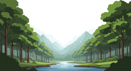 Serene river valley illustration with lush green trees and mountains in the background, depicted in a calm and peaceful landscape with a winding waterway.