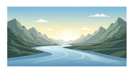 A serene river valley illustration with a winding blue river, surrounded by lush green mountains and a sunny sky with fluffy clouds at sunrise.