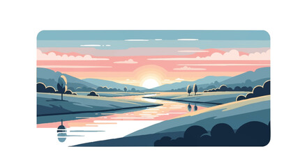 Serene river valley illustration with a winding river, distant mountains, and a vibrant sunset sky with warm hues and soft clouds.