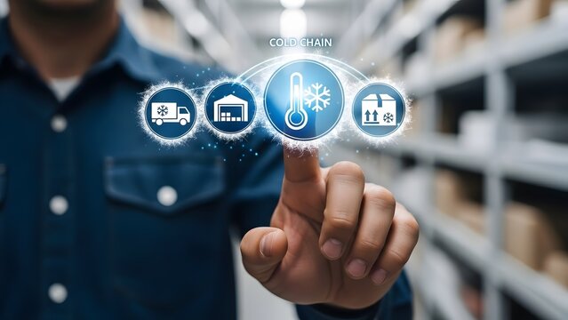 A man interacting with cold chain logistics technology