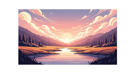 A serene river valley illustration with a calm body of water, surrounded by mountains and trees, set against a vibrant pink and orange sunset sky with fluffy clouds.