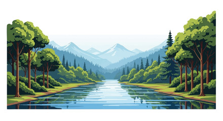Serene river valley illustration with lush green trees and mountains in the background, featuring a calm river flowing through a peaceful landscape with a soft, hazy atmosphere.