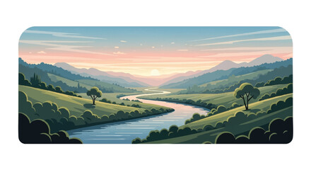 Serene river valley illustration with a winding river, lush green hills, and distant mountains under a warm sunset sky with soft colors.
