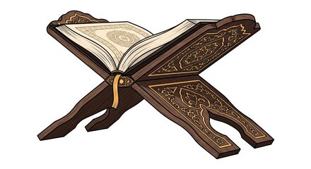 Open Holy Quran on a wooden rehal, isolated on a white background.