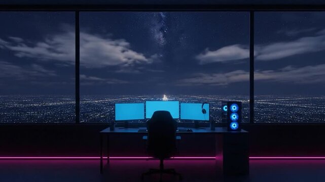 Minimalist Gaming Setup with Blue and Pink Neon Lighting with Copy Space