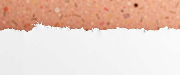 Close-up of distressed white paper with jagged edges and frayed fibers, ripped, white background