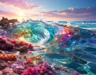Fototapeta premium A wave with a rainbow colored crest. The water is blue and the sky is pink. There are rocks on the shore