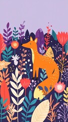 Whimsical orange fox among colorful plants and flowers in a vibrant illustration with a purple background