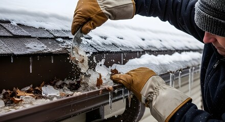 Man cleaning snow and debris from gutter with gloves on a winter day