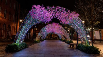Fototapeta premium Vibrant nighttime light tunnel with purple and pink floral illuminations