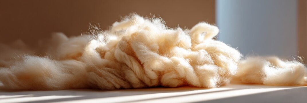 Soft natural wool fibers in sunlight displaying fluffy texture and warm hues