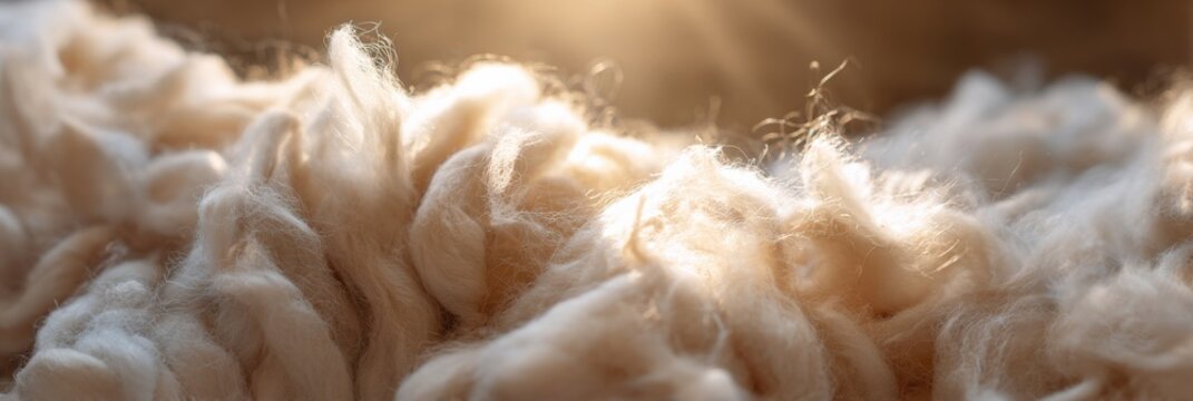 Close-up of soft wool fibers in warm sunlight