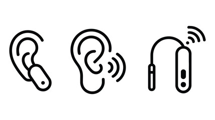 Hearing devices icon collection including behind-the-ear hearing aid, in-ear hearing aid, and wireless assistive listening device vector icons