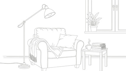 Obraz premium Cozy reading nook illustration featuring a comfortable armchair with a draped blanket a steaming mug of coffee and a stack of books beside a bright floor lamp near a windowsill plant