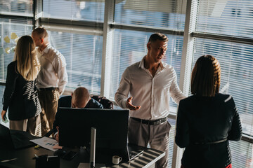 A group of professionals in an office engages in conversation and collaboration. Sunlight streams...
