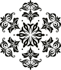 Snowflake vector icon, minimalist winter floral ornament, mandala element for Christmas card design, black isolated snowflake on white background, symmetrical folk art style