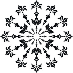 Snowflake vector icon, minimalist winter floral ornament, mandala element for Christmas card design, black isolated snowflake on white background, symmetrical folk art style