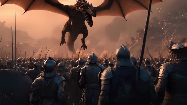 Fantasy action scene of a dragon battle. Medieval soldiers in cinematic battle against flying fire breathing dragon in dark smoke