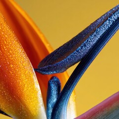 Obraz premium Vibrant bird of paradise flower close-up with dew on petals