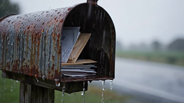 Rusty mailbox with letters inside on a rainy road  