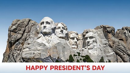 Monumental patriotic illustration featuring the famous Mount Rushmore national memorial carved into the mountainside celebrating happy president's day with bold text below a clear blue sky backdrop