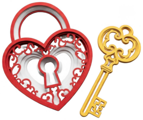 Valentine Intricate heart shaped padlock in red and white paper cut style with a golden ornate key isolated on transparent background