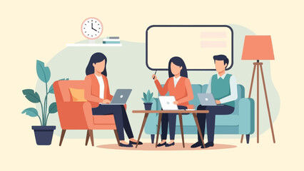 Three people collaborate on laptops in a modern office lounge area