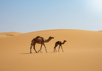 A camel and its young calf walking across vast desert dunes under a bright sunny sky during a warm summer afternoon journey, warm, walking, wildlife