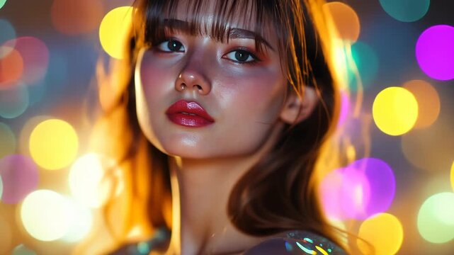 Dreamy portrait of a young woman with pastel lighting and prismatic reflections on her face. Generated AI