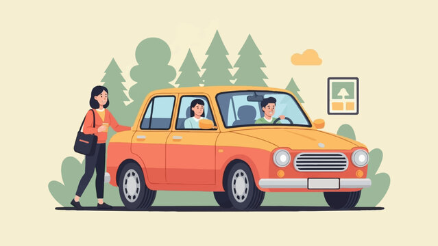 Woman with coffee joins couple in vintage car for a scenic drive