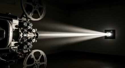 Naklejka premium Vintage film projector with a bright light beam projecting film in a dark room. Movie theatre, cinema, or home entertainment concept