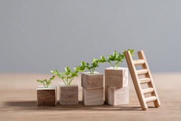 Obraz premium Growth concept with wooden blocks, seedlings, and ladder on wooden surface