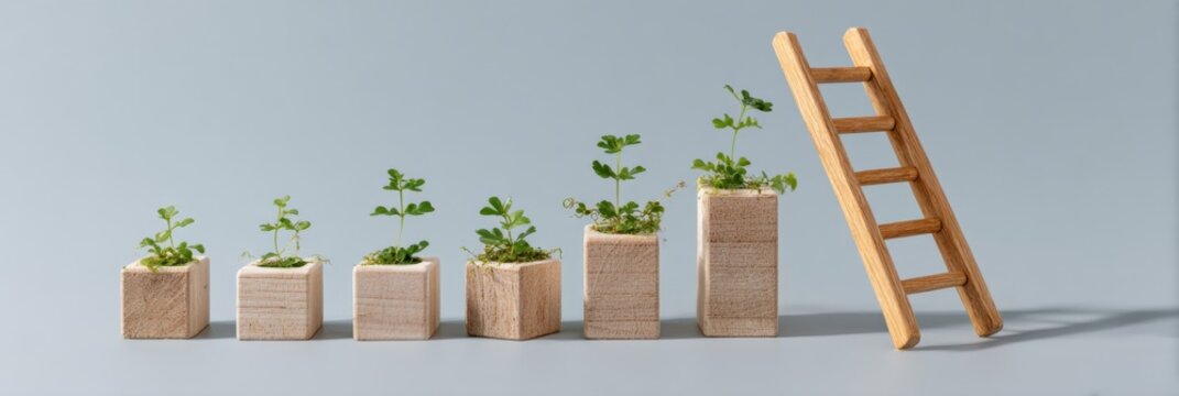 Progression of plant growth on wooden blocks with ladder symbolizing development